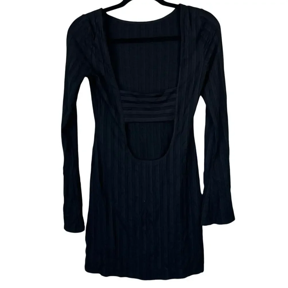 REFORMATION Cait Dress Open Back Long Sleeve Mini Black Size Extra Small Ribbed - Picture 3 of 9